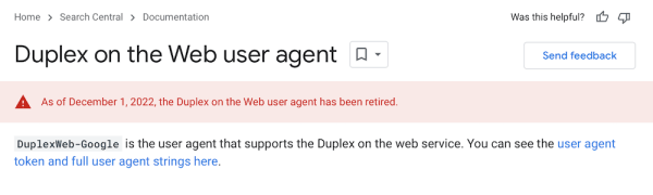Google упразднил агента пользователя DuplexWeb
Google упразднил агента пользователя DuplexWeb