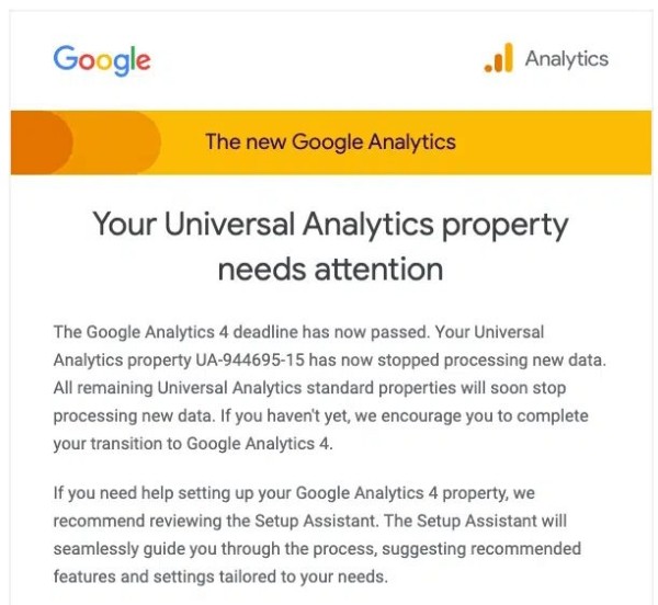 Google рассылает уведомления о том, что ресурсы Universal Analytics прекратили обработку данных