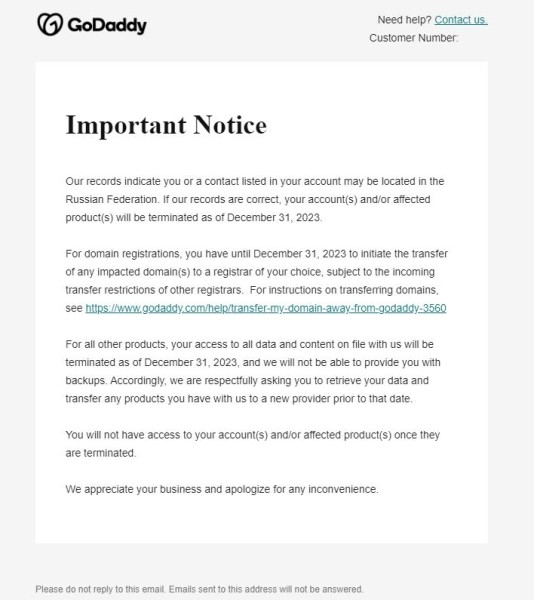 Хостинг-провайдер GoDaddy перестанет оказывать услуги пользователям из России
Хостинг-провайдер GoDaddy перестанет оказывать услуги пользователям из России