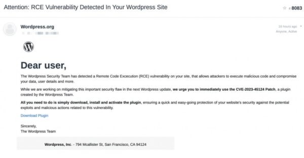 Фальшивое предупреждение о безопасности WordPress призывает скачать бэкдор-плагин
